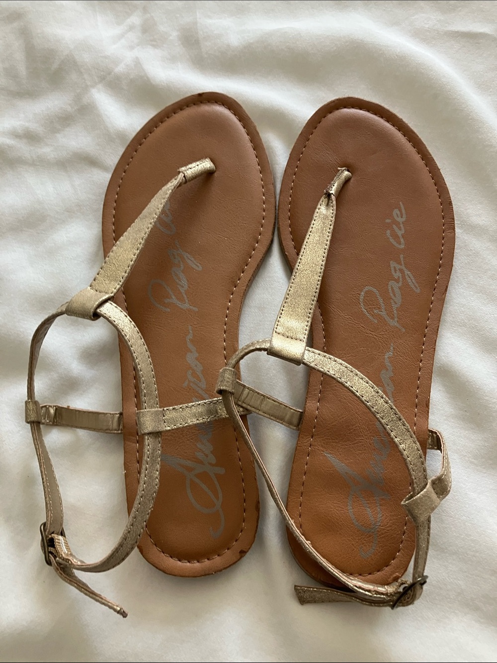 American Rag Metallic Gold T-Strap Sandals with Tan Footbed